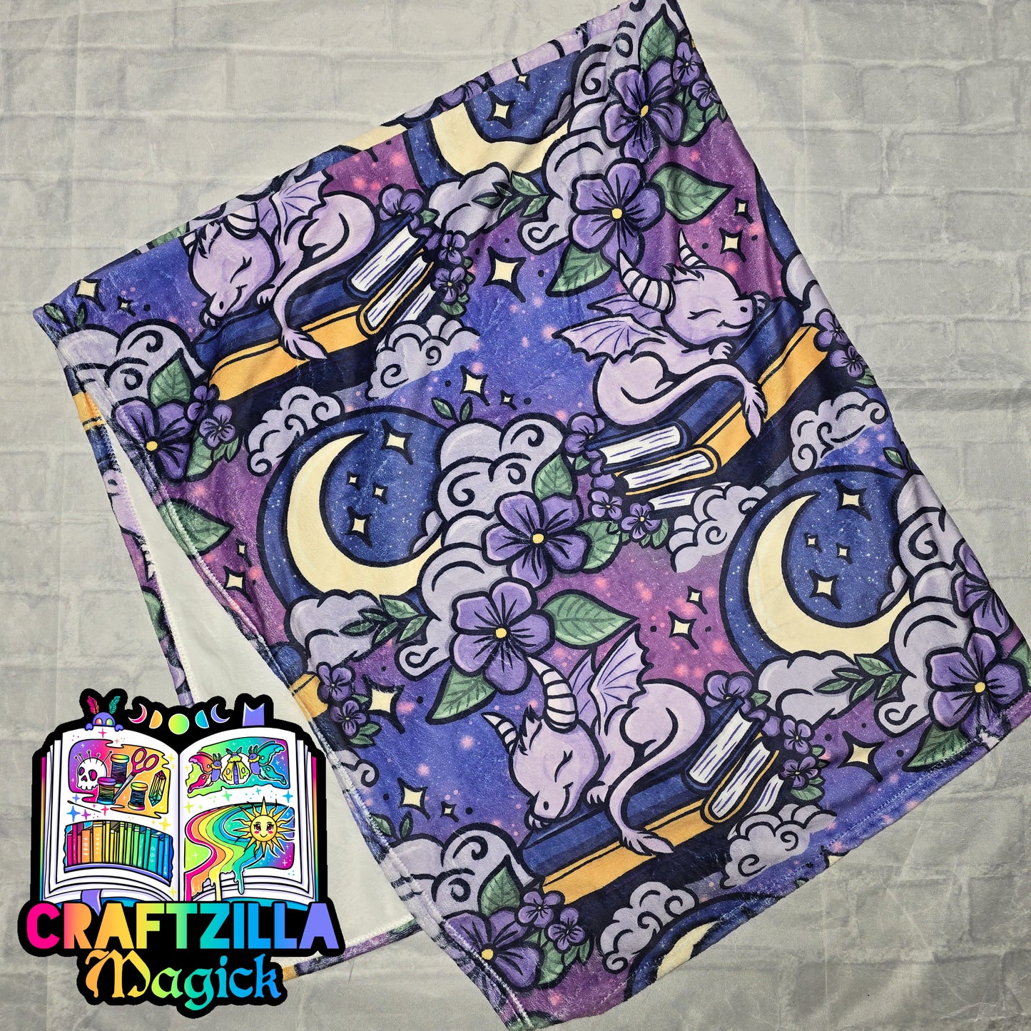 Purple Sleepy Book Dragon 50x60" Plush Throw Blanket RTS