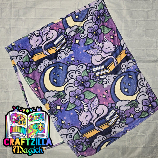 Purple Sleepy Book Dragon 50x60" Plush Throw Blanket RTS